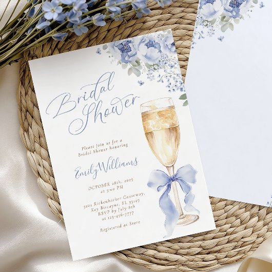 Blue Bow Floral Champagne Bridal Shower Invitation Kaart