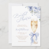 Blue Bow Floral Champagne Bridal Shower Invitation Kaart (Voorkant)