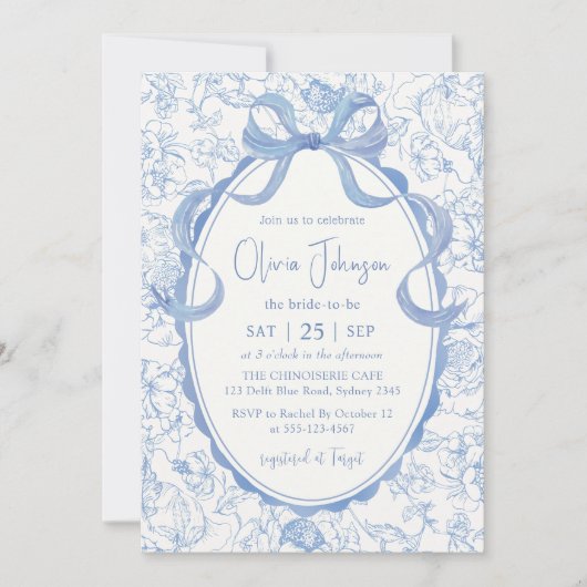 Blue Bow Floral Chinoiserie Vrijgezellenfeest Kaart (Voorkant)