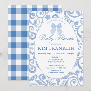 Blue Bow Floral Coquette Gingham Boy Baby shower Kaart