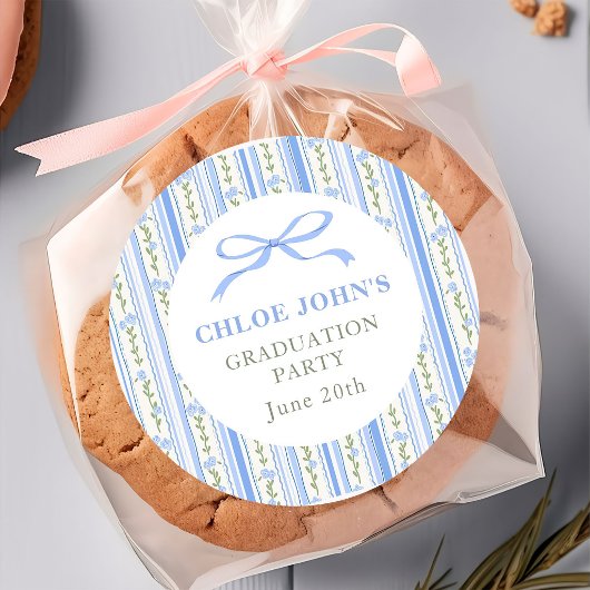 Blue Bow Floral Graduation Ronde Sticker