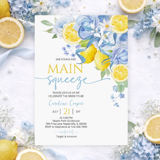 Blue Bow Floral Lemon Bridal Shower Invitation Kaart