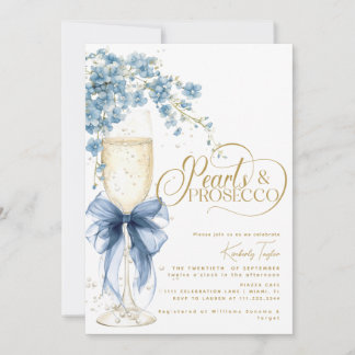 Blue Bow Floral Pearls & Prosecco Vrijgezellenfees Kaart