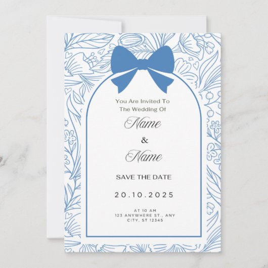 Blue bow floral wedding invitation  kaart (Voorkant)