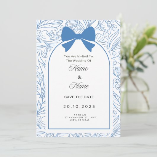 Blue bow floral wedding invitation  kaart (Staand voorkant)