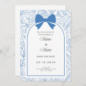 Blue bow floral wedding invitation  kaart (Voorkant / Achterkant)