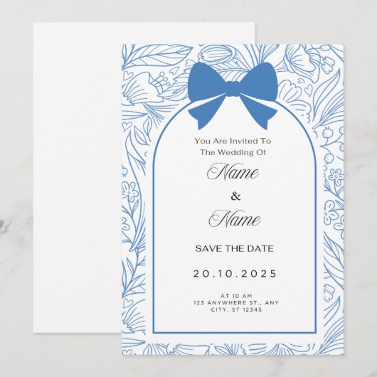Blue bow floral wedding invitation  kaart (Voorkant / Achterkant)
