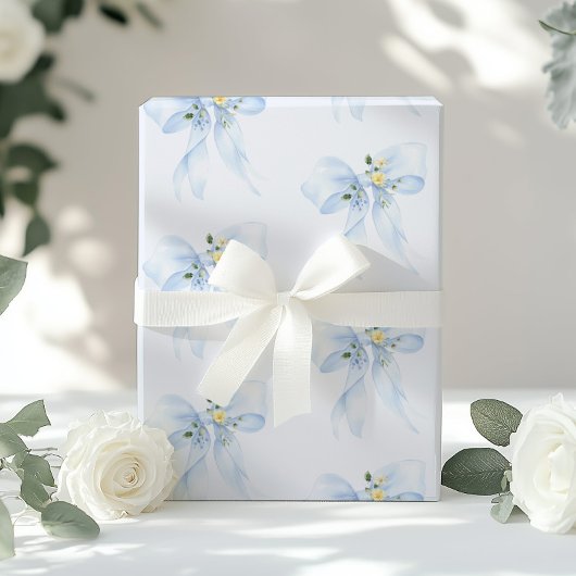 Blue Bow Floral Wildflower Baby shower Cadeaupapier