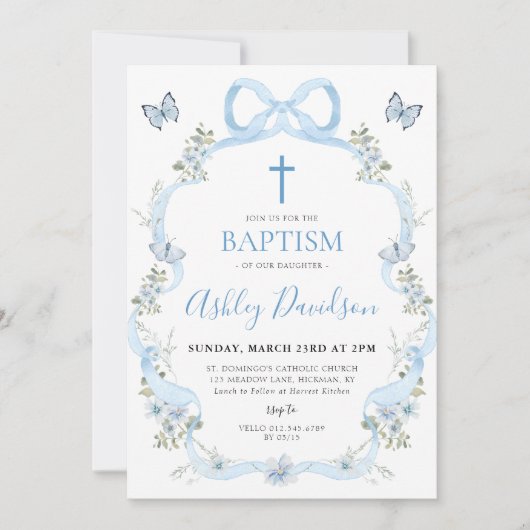 Blue Bow Floral Wildflower doopsel doop Kaart (Voorkant)