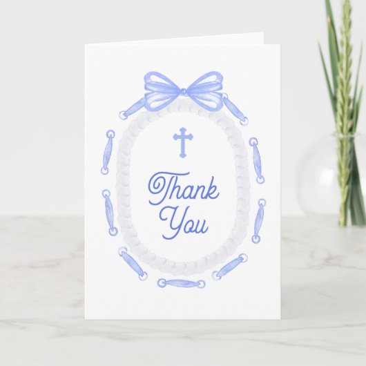 Blue Bow Frame Holy Cross Religious Thank You Kaart (Voorkant)