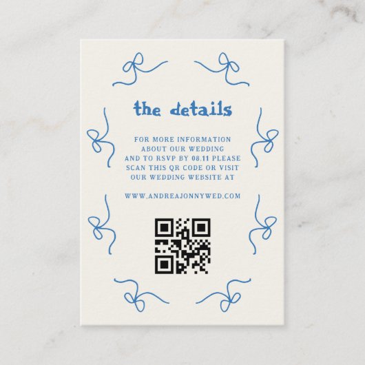 Blue Bow Franse bruiloft Hand getrokken QR Code De Informatiekaartje (Voorkant)