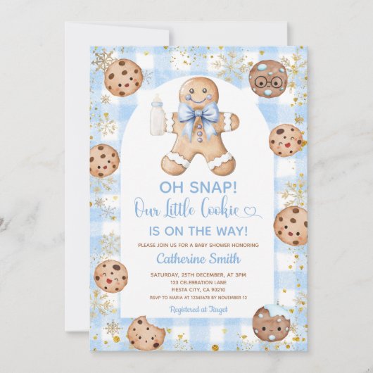 Blue Bow Gingerbread Christmas Baby Shower Gingham Kaart (Voorkant)