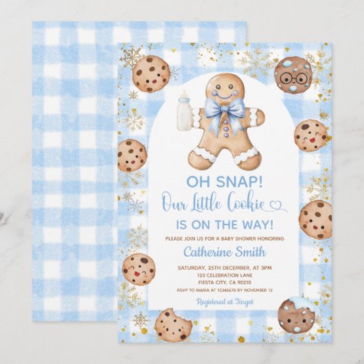 Blue Bow Gingerbread Christmas Baby Shower Gingham Kaart (Voorkant / Achterkant)