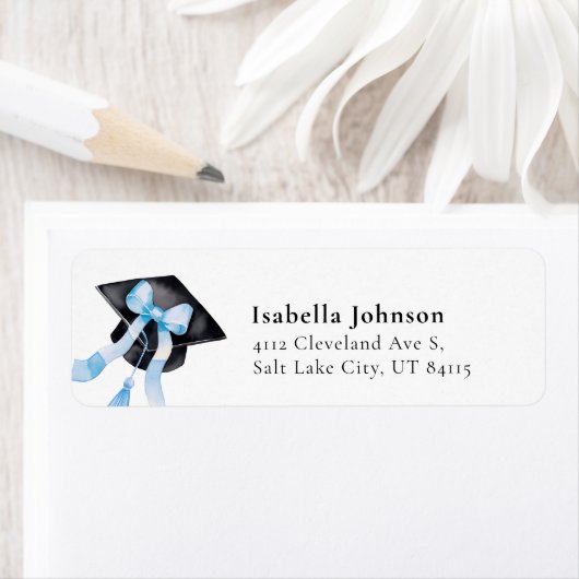 Blue Bow Graduation Cap Afstuderen Retouradres Etiket (Insitu)