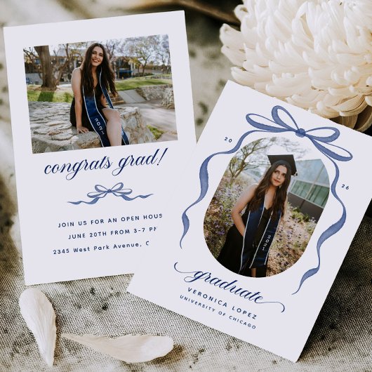 Blue Bow Graduation Open House Party Invitation Kaart
