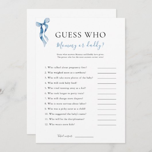 Blue Bow Guess Wie Baby shower Game Kaart (Voorkant / Achterkant)