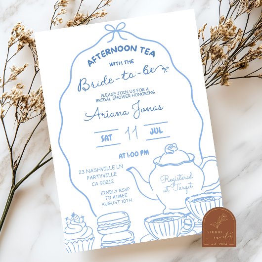 Blue Bow Hand Doodle Afternoon Tea Vrijgezellenfee Kaart