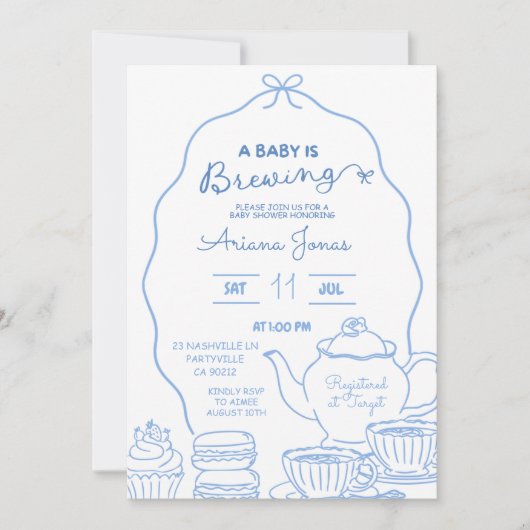 Blue Bow Hand Doodle Een Baby brouwt baby shower Kaart (Voorkant)