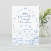 Blue Bow Hand Doodle Een Baby brouwt baby shower Kaart (Staand voorkant)