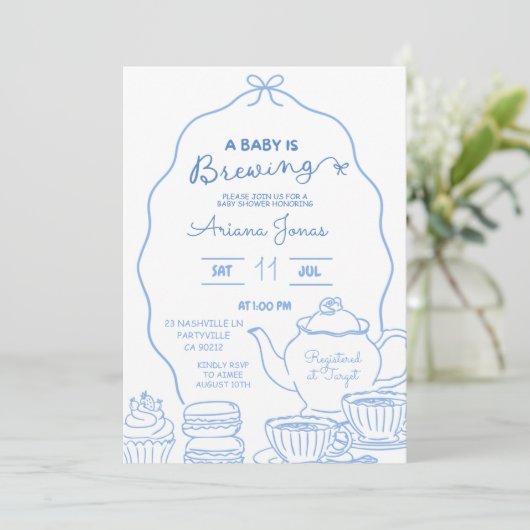 Blue Bow Hand Doodle Een Baby brouwt baby shower Kaart (Staand voorkant)