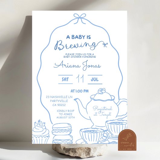 Blue Bow Hand Doodle Een Baby brouwt baby shower Kaart