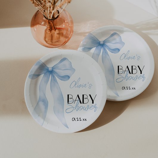 Blue Bow Hand getrokken Script Baby Boy Shower Papieren Bordje