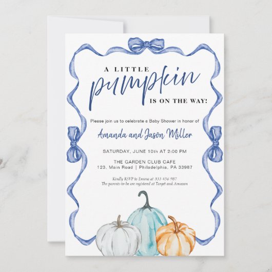 Blue Bow Herfst Baby shower pompoenen elegant Save The Date (Voorkant)