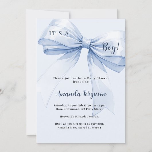 Blue bow, het is een Baby shower Kaart (Voorkant)