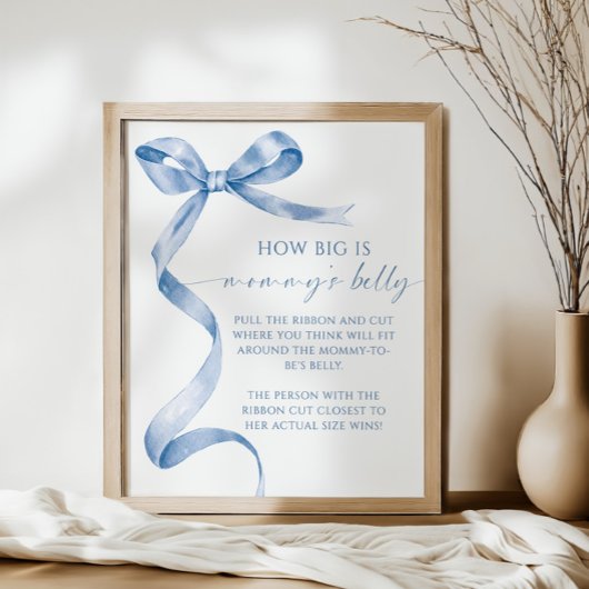 Blue Bow Hoe groot is mama's buik Baby shower spel Poster