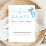 Blue Bow Hoe oud was het bruid Vrijgezellenfeest s Kaart<br><div class="desc">Voeg een leuke en elegante touch toe aan je vrijgezellenfeest met het spel "Hoe oud was de bruid", met een verfijnd blauw boogontwerp. Dit boeiende spel nodigt gasten uit om de leeftijd van de bruid te raden bij verschillende mijlpalen en belangrijke gebeurtenissen in haar leven. Het chique blauwe boogthema vormt...</div>