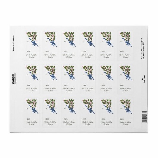 Blue Bow Holly Garland Holiday Gift Label (Full Sheet)