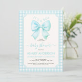 Blue Bow It's a Boy Baby Shower Gingham Plaid Kaart (Staand voorkant)