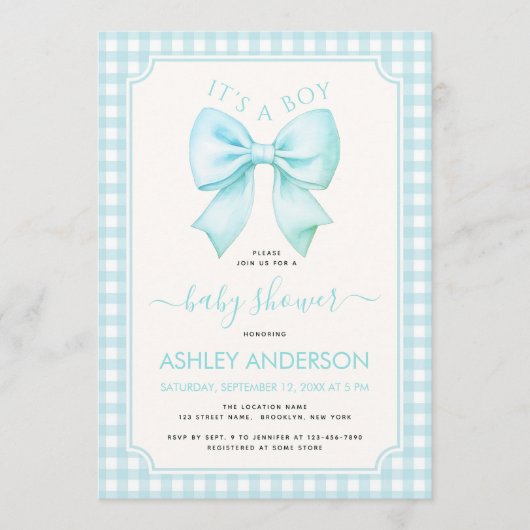 Blue Bow It's a Boy Baby Shower Gingham Plaid Kaart (Voorkant)