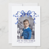 Blue Bow Joy naar de wereld Kerstfoto Feestdagenkaart (Voorkant)