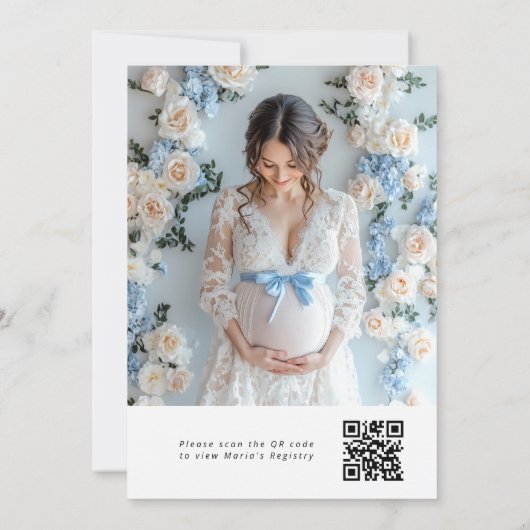Blue Bow kalligrafie Foto QR code Baby shower Kaart (Achterkant)