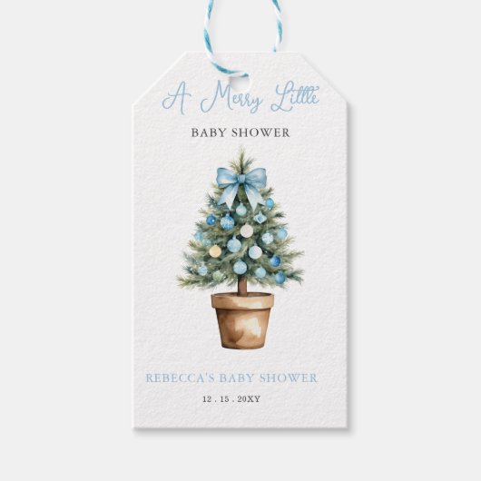 Blue Bow kerstboom vrolijk klein Baby shower Cadeaulabel (Voorkant)