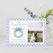 Blue Bow Kustkerst Grandmillenial Foto Feestdagenkaart (Staand voorkant)