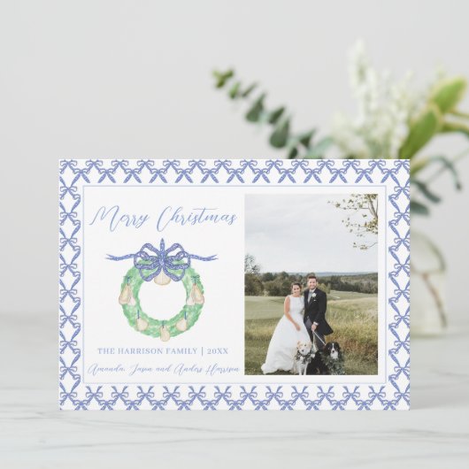 Blue Bow Kustkerst Grandmillenial Foto Feestdagenkaart (Staand voorkant)