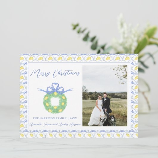 Blue Bow Kustkerst Grandmillenial Foto H Feestdagenkaart (Staand voorkant)