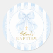 Blue Bow Lace Boy Baptism Ronde Sticker (Voorkant)