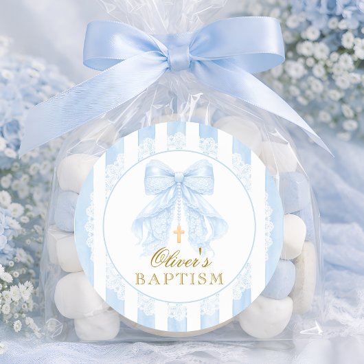 Blue Bow Lace Boy Baptism Ronde Sticker
