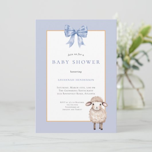 Blue Bow Lamb Baby shower Kaart (Staand voorkant)