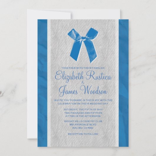 Blue Bow & Linen Wedding Invitations Kaart (Voorkant)