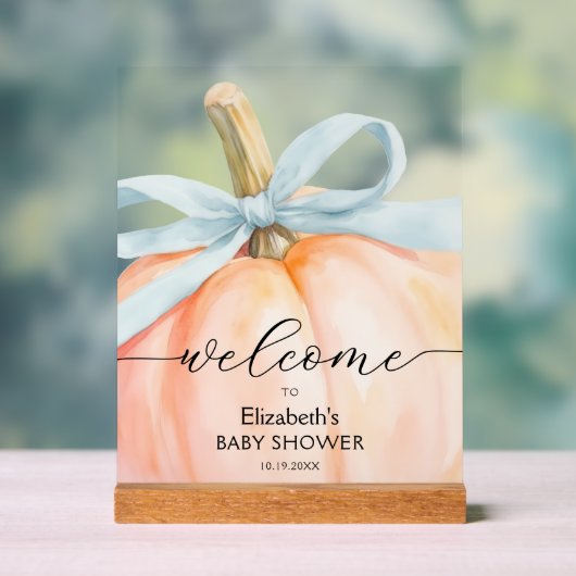 Blue Bow Little Pumpkin Baby shower Welkom Acryl Bord (Neutraal)