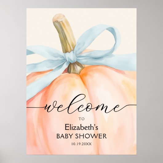 Blue Bow Little Pumpkin Baby shower Welkom Poster (Voorkant)