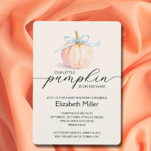 Blue Bow Little Pumpkin Boy Baby shower Kaart