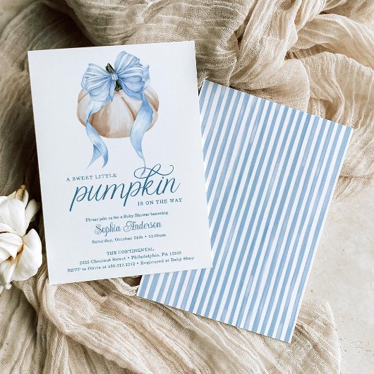 Blue Bow Little Pumpkin Boy Baby shower Kaart