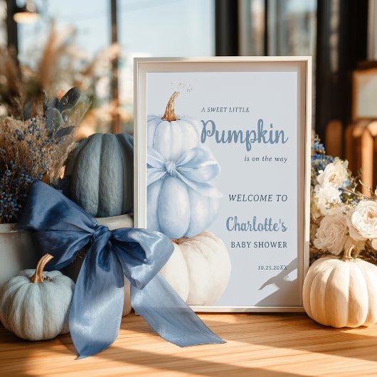 Blue Bow Little Pumpkin Boy Baby Shower Welcome Poster
