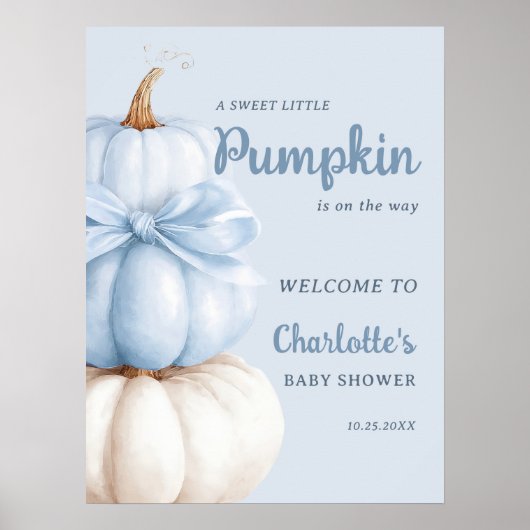 Blue Bow Little Pumpkin Boy Baby Shower Welcome Poster (Voorkant)