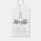 Blue Bow Merry Christmas Crest Gift Label - A Cadeaulabel (Voorkant)